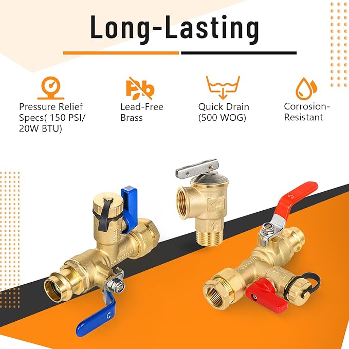 (Set of 1 Kit) HeSun 3/4" FIP X 3/4" PRESS IPS Isolator Tankless Water Heater Service Valve Kit, with Pressure Relief Valve(TOOL055)