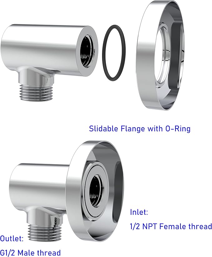 Aquaiaw Wall Supply Elbow with O-Ring Flange, Tapered 1/2 NPT Female Inlet, Solid Brass Wall Union, Round Water Supply Elbow, Polished Chrome, G1/2 Outlet