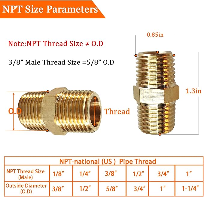 2PCS Hex Brass Nipple 3/8"NPT Male X 3/8" NPT Male Pipe Fitting 3/8 inch Brass Pipe Nipples Male Pipes Adapter Fittings Heavy Equal Nipples Connectors