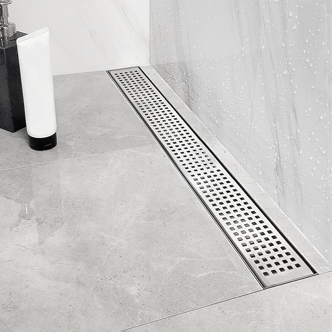 Neodrain 36-Inch Linear Shower Drain with Removable Quadrato Pattern Grate, Brushed 304 Stainless Steel Rectangle Shower Floor Drain, Linear Drain with Leveling Feet,Hair Strainer