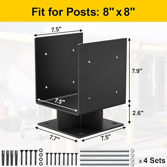 8"x 8" Concrete Post Base, 4Pcs Stainless Steel Adjustable Post Anchor Bracket (Internal 3.5 x 3.5), U-Shape Wood Post Base Holder for Pavilion Deck Porch Handrail Railing Support