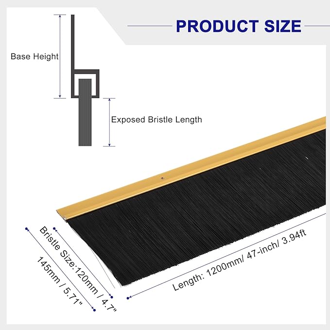 uxcell 2Pcs Door Brush Bottom Sweep H-Shape Aluminum Alloy Base with 4.7-inch PP Brush for Home, Industrial (47-inch L, Golden)