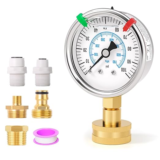 0-100PSI Stainless Steel Water Pressure Gauge Kit, 2.5" Dial Size, 3/4" Brass Female Lower Mount, with Sealing Ring, Plus 5 adapters, for Checking Gardens, Water Pipes, Multiple Systems