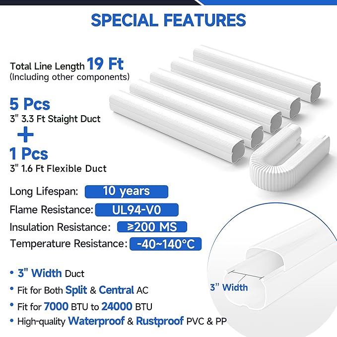 3'' 19 Ft Mini Split Line Cover Set, PVC & PP Ductless Pipe Cover Universal for Mini Split AC & Central AC, White