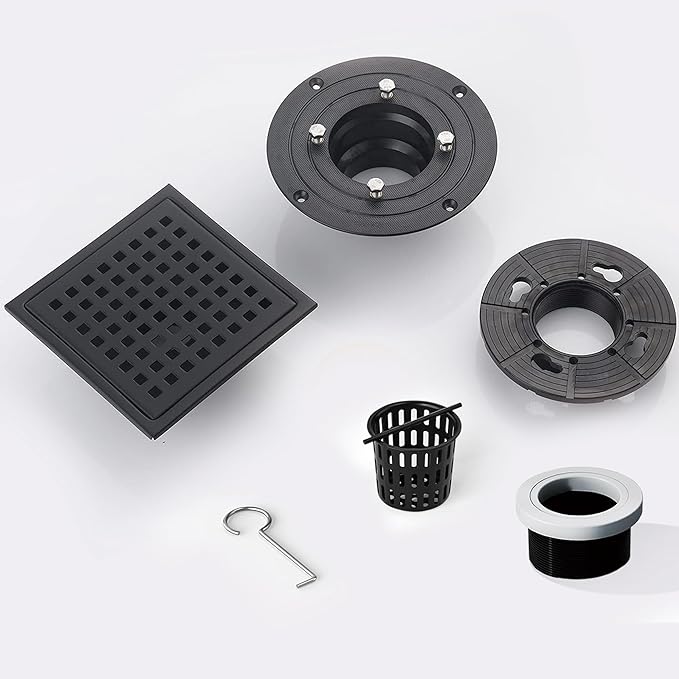 4 Inch Square Shower Floor Drain, Shower Drain Kit with Flange, Square Shower Drain, SUS 304 Stainless Steel Floor Drain,Matte Black