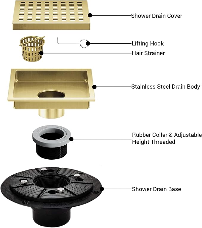 6 Inch Square Shower Floor Drain, Shower Drain Kit with Flange, Square Shower Drain, SUS 304 Stainless Steel Floor Drain,Golden