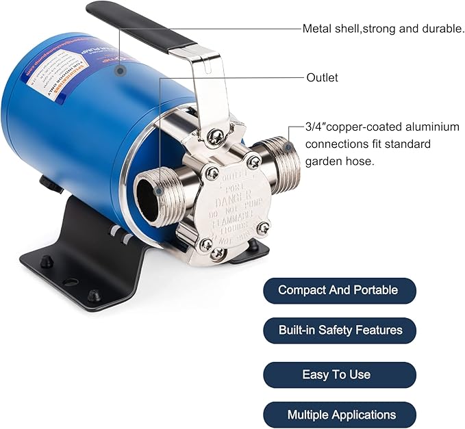 12V Portable Electric Utility Water Transfer Pump, with ON/OFF Switch and Suction Hose Kit.