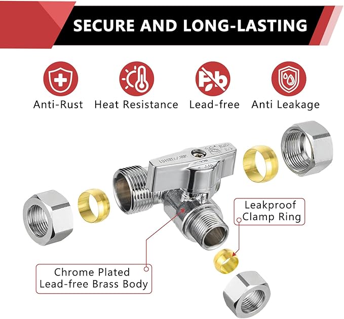 EFIELD 1/4-Turn Stop Tee Compression Stop Valve, 1/2" NOM (5/8" OD) x 1/2" NOM (5/8" OD) x 3/8 inch, Chrome Plated Brass, UPC Certified,(VALVE247)