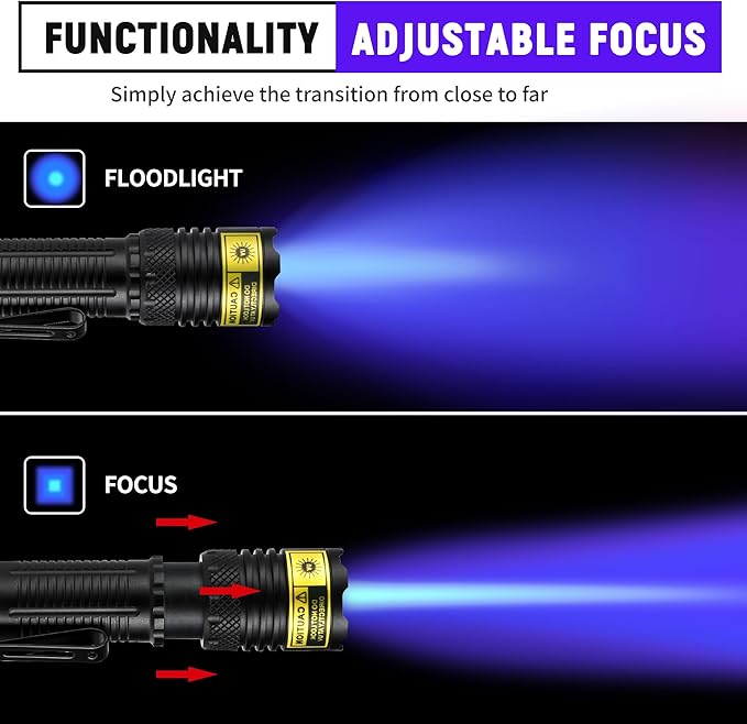 DARKDAWN UV Flashlight 365nm Black Light，Mini & Powerful USB- C Flashlights LED Rechargeable Woods Lamp， Portable Adjustable Focus Blacklight Flashlights for Uranium Glass, Money, Pet Urine Stains ﻿