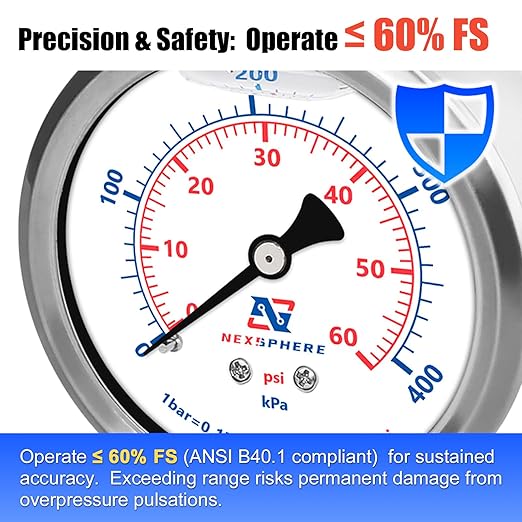 60 PSI Pool Pressure Gauge, 2.5" Dial, 1/4" NPT Lower Mount, Stainless Steel Case, Glycerin-Filled Manometer for Home Water, Air, Oil, Gas Pressure Testing