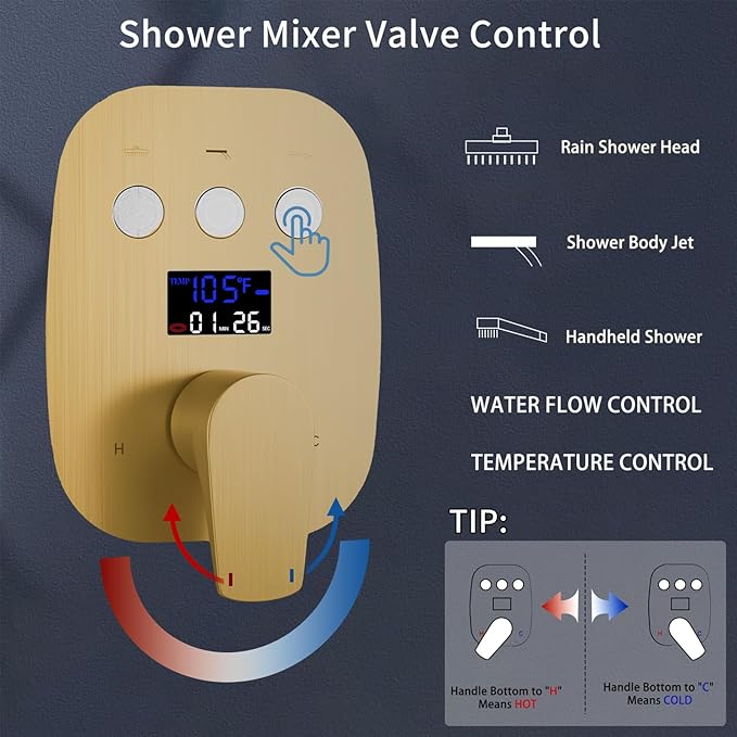 3 Way Shower Diverter Valve Push-Button Temperature Display Modern Bathroom Concealed Faucet Valve Rough-In Mixing Shower Valve Kit Replacement Can Work At The Same Time, Brushed Gold