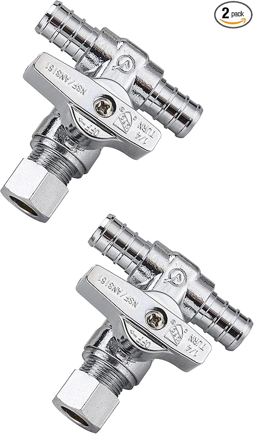 (Pack of 2) EFIELD 1/4-Turn Stop Tee Valve 1/2" Barb Crimp PEX x 1/2" Barb Crimp PEX x 3/8 Inch OD Compression Chrome,(VALVE130)