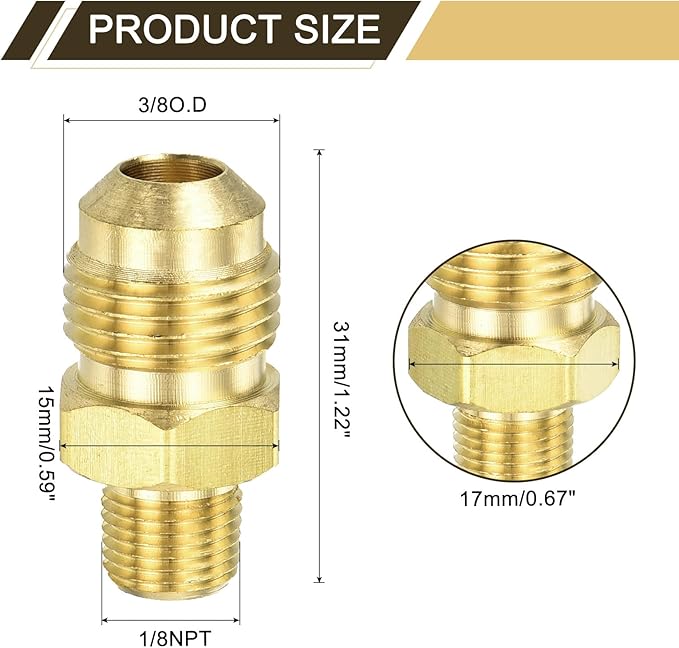 uxcell Brass Tube Fitting, 3/8O.D x 1/8NPT Brass Flared Pipe Adapter Fittings Reducing Nipples Connector, Half Union Gas Adapter for Pipe Connections, Hydraulics, Refrigeration