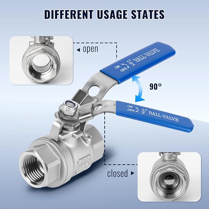 2 Pack 1/2'' Ball Valves NPT Female Stainless Steel 304 Full Port 1/2 Inch Ball Valve with Locking Handle, Heavy Duty Shut Off Valve for Home and Industrial(1/2 Inch)