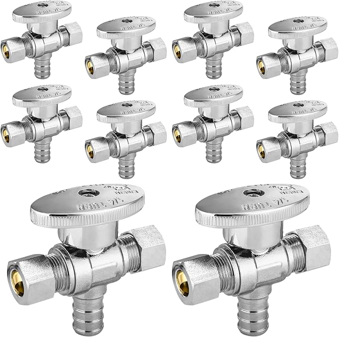 10-PCs HeSun Dual Compression Outlet Angle Stop Valve, 1/2" PEX-B x 3/8" OD Comp x 3/8" OD Comp, 1/4-Turn Shut Off Valve for Bathroom, ASTM F1807(VALVE125-10)