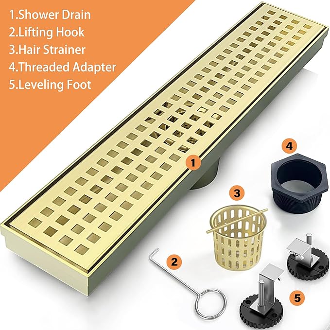 12 Inch Linear Shower Drain Bathroom Kitchen Golden Floor Drain Removable Capsule Pattern Cover Accessories Shower Drain 304 Stainless Steel Drain with Hair Strainer Adjustable Leveling Feet