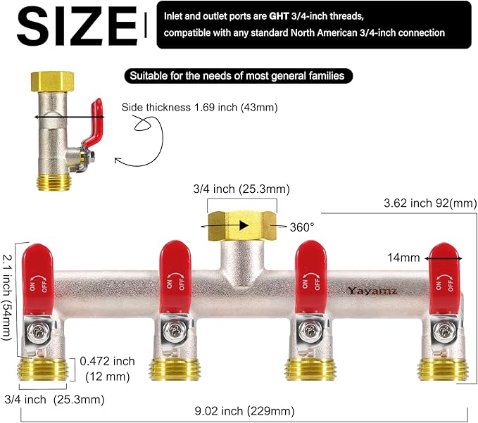 4 Way Garden Hose Splitter, Heavy Duty Brass Nickel Plated Rust Resistant Faucet Manifold, 3/4" Frost Resistant Outdoor Hose Adapter Connector，Hose Spigot Adapter with 4 large red handles