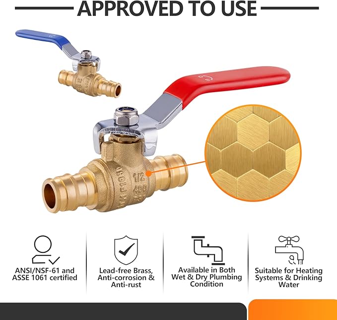 10 PCs HeSun 1/2 Inch PEX A Expansion Ball Valve,Brass Shut Off Valve for Hot and Cold Water, Fit PEX A Expansion Pipe, ASTM F1960,Red&Blue(VALVE149)