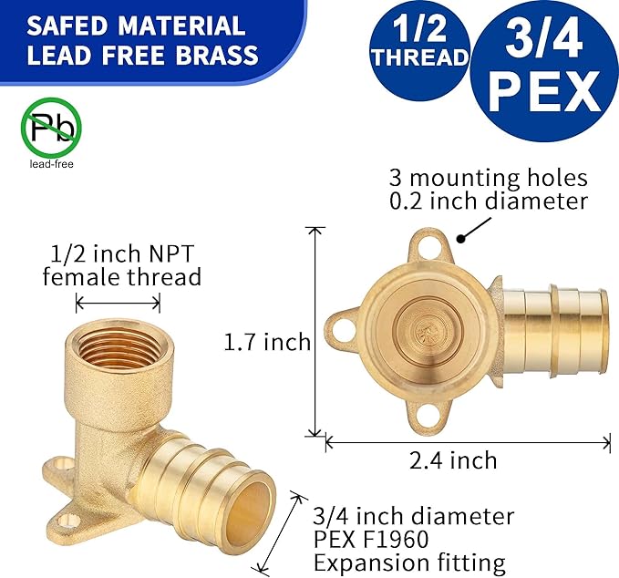 (5 Pack) Lidertik Drop Ear Elbow PEX Adapter, 3/4" PEX ASTM F1960 to 1/2" NPT Female Threaded Adapter Brass Plumbing Connection for Tube Expansion Install