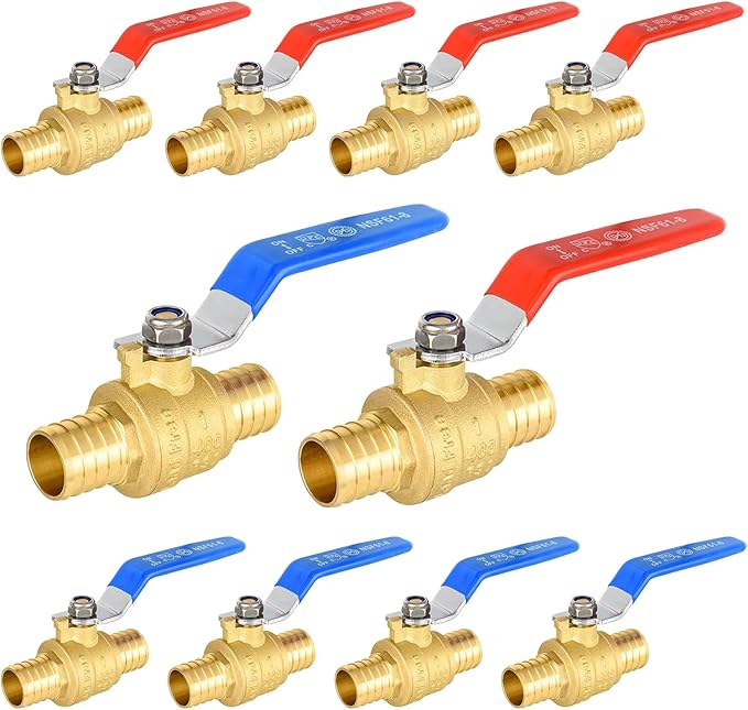 10-Pack Foskan 1" PEX Crimp Ball Valve, Brass Quarter Turn Full Port Shut-off Valve for PEX Tubing(Blue and Red)