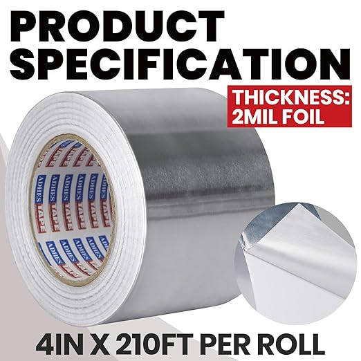 ADHES Heavy Duty Aluminum Foil Tape 4 Inch x 210 Feet(70 Yards) – Heat Resistant & Waterproof Silver Duct Tape – High-Temperature HVAC Tape for Ductwork, Sealing, Insulation, and Repairs