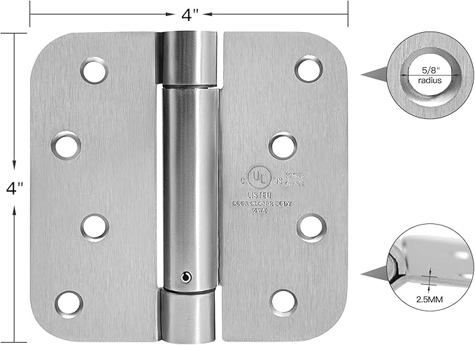 4 Inch Self Closing Satin Nickel Door Hinge 5/8" Radius Corner 3pack, Adjustable Tension for Garage, Front Door, Back Door, Left and Right Hand Door, UL Listed
