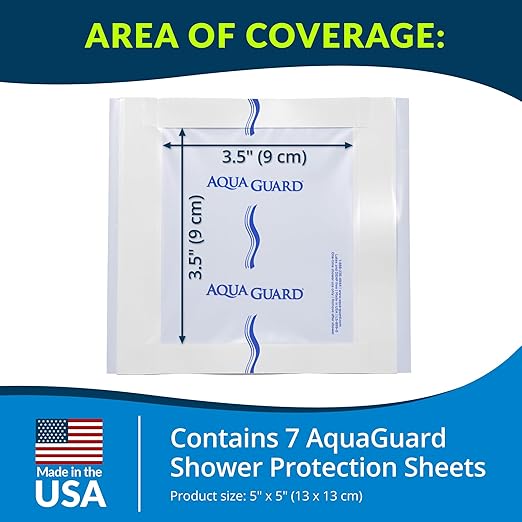 TIDI 50005-PKG AquaGuard Sheet – 5” x 5” – (Area of Coverage: 3.5” x 3.5”) – Shower Protection Sheet – Self-Adhesive Moisture Barrier – Wound Cover for Showering – 7 Sheets – Home Medical Supplies