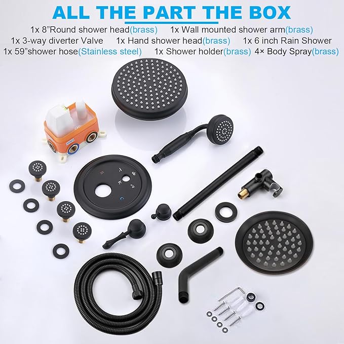 Enga Antique Shower Faucet Sets Dual Heads with 4 Body Jets, 8" + 6" Ceiling & Wall Mount Vintage Shower Head with Handheld Spray Combo, 4 Way Diverter Brass Valve, Matte Black