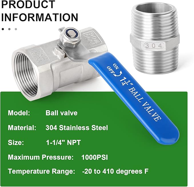 TAISHER 2 Pcs 1-1/4 Inch FNPT Ball Valve Kit, 304 Stainless Steel with Blue Handles & Nipple