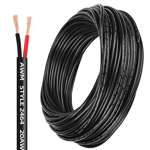 Lesnlok 20 Gauge Electrical Wire 2 Conductor,20 AWG Electrical Wire Stranded PVC Cord Oxygen-Free Copper Cable,50 FT Tinned Copper Hookup Wire Cord for LED Lamp Lighting Strips Automotive Black