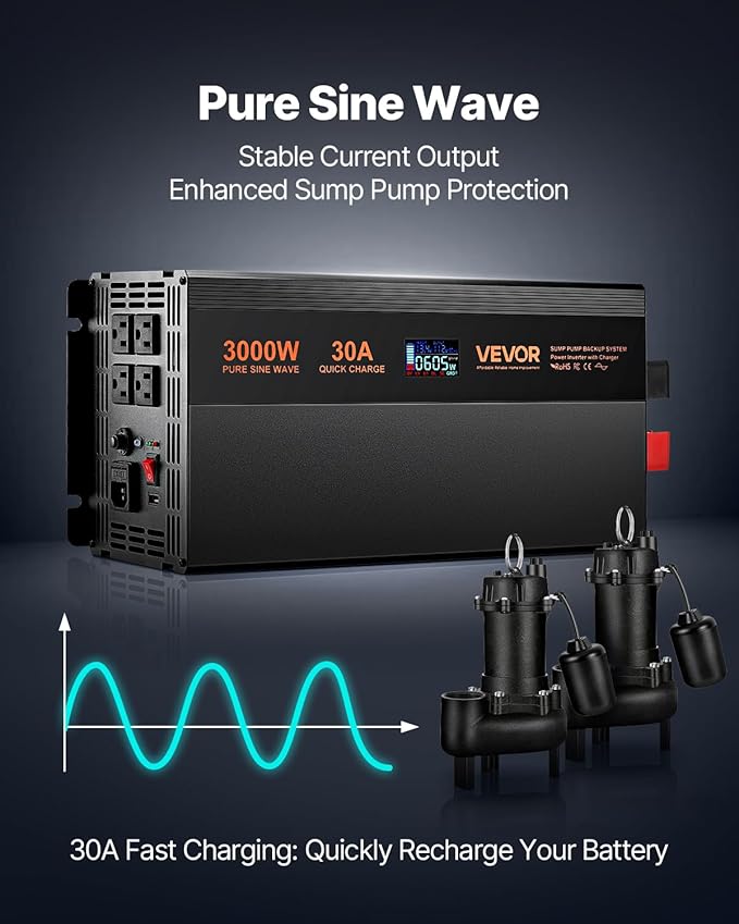 VEVOR Sump Pump Battery Backup System, 3000W, Auto Switches to Battery Inverter for Continuous Sump Pump Operation, Pure Sine Wave, LCD Display, for Basement Protection Emergency and Power Outage