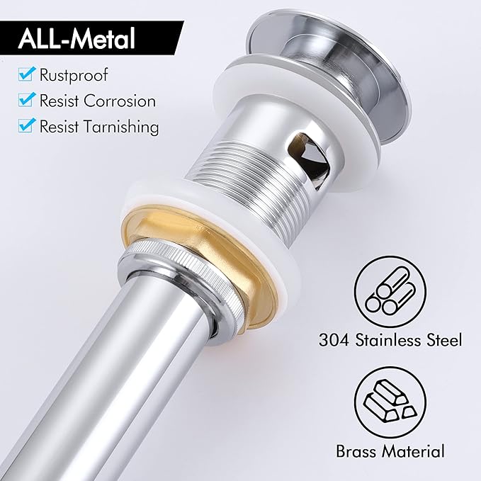 KES Bathroom Sink Drain Pop Up Drain with Overflow, Sink Stopper All Metal Rustproof Polished Chrome, Brass and SUS304 Stainless Steel, S2008S62A-CH