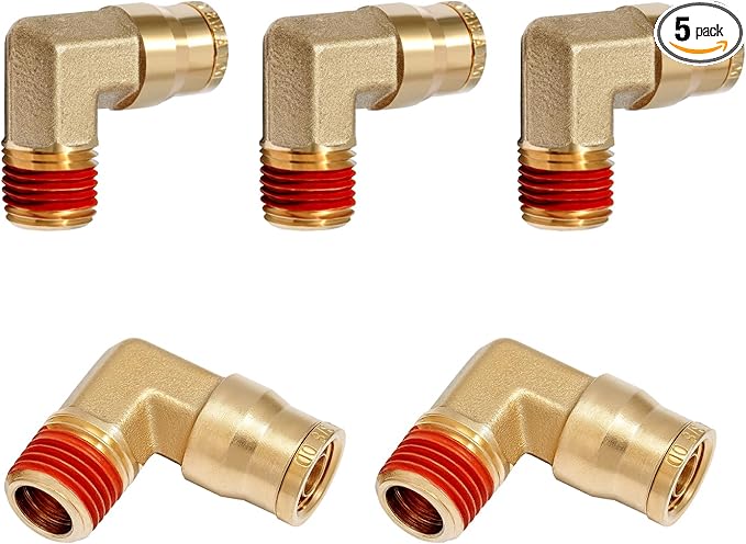 1/4 Brass Push to Connect Fittings 3/8" OD x 1/4" NPT Thread Male Elbow DOT Approved Air Brake Quick Connect Fittings Air Line Suspension Kit for Truck Trailers and Air System 5Pcs