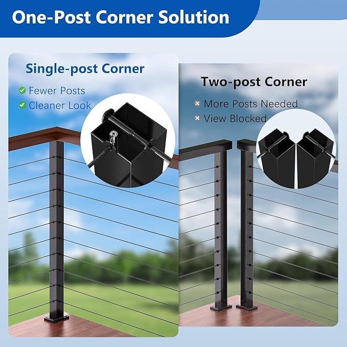 Upgraded Swageless T-drilled Corner Cable Railing Post 36" (Post 35"x2"x2"), Three Sides Fixed Top Mount Corner Post with Cable Grommets, T304 Stainless Steel, Outdoor Finish for Decks