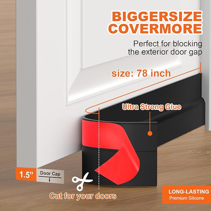 Door Draft Stopper, Door Sweep for Bottom of Door, Weather Stripping Door Seal Gap Filler Bottom Blocker Soundproof Cold Air Insulation Save Energy Installs Quickly and Easily (Black, 78‘’)