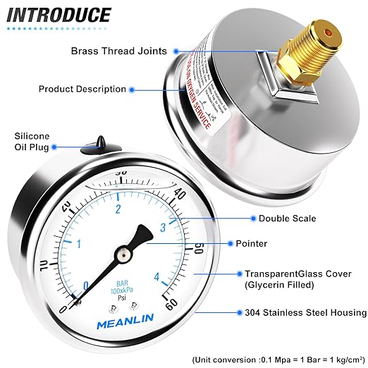 MEANLIN MEASURE 0~60Psi Stainless Steel 1/4" NPT 2.5" FACE DIAL Liquid Filled Pressure Gauge, Pool Sand Filter Pressure Test Center Back Mount, with 1/2" NPT and 3/8" NPT Hex Bushing