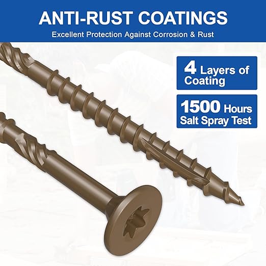 #10 x 4” Deck Screws, 500Pcs Star Drive Wood Screws, Rust Resistant Timber Screws for Timber/Log/Landscaping Wood, T25 Star Bit Included, Brown