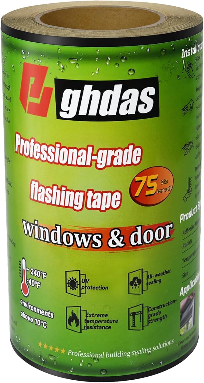 Flashing Tape, 9" x 75', Industrial Strength for Windows, Doors, Weather-Resistant, UV-Resistant, Tear-Resistant, Advanced Acrylic Adhesive, Black