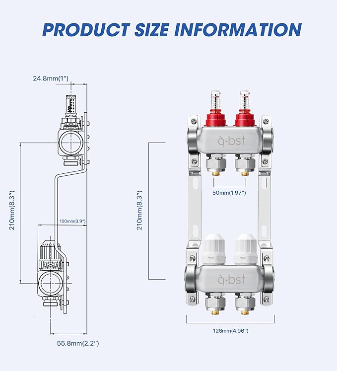 ABST PEX Manifold,2 Loop Stainless Steel Floor Radiant Heat Manifold Kit with 1/2" Adapters Included for Hydronic Radiant Floor Heating