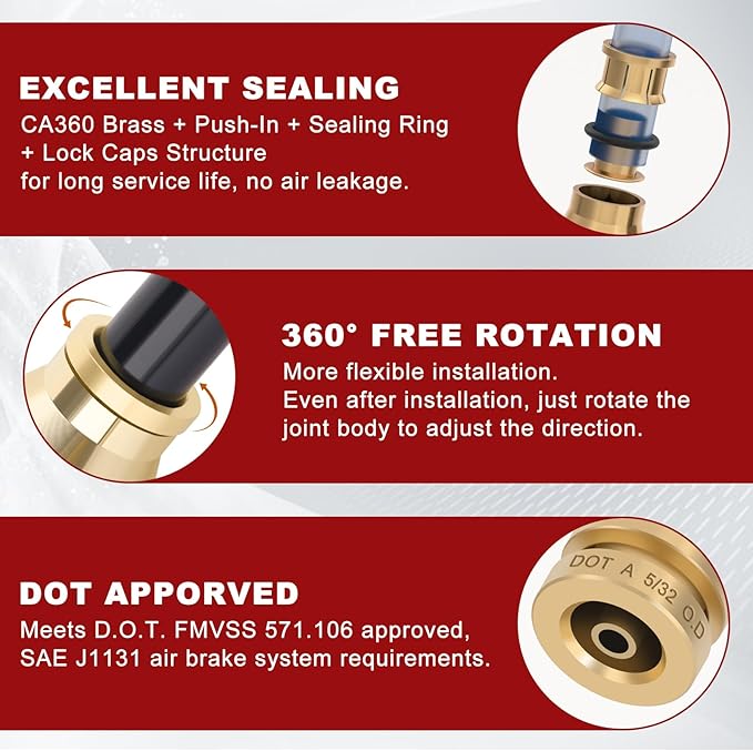 5/32" Quick Push to Connect Fittings Brass Union Straight Joint DOT Approved 5/32" Tube OD x 1/16" NPT Thread Air Line Adapter Air Suspension Kit for Truck Trailers and Air Brake System 4pcs