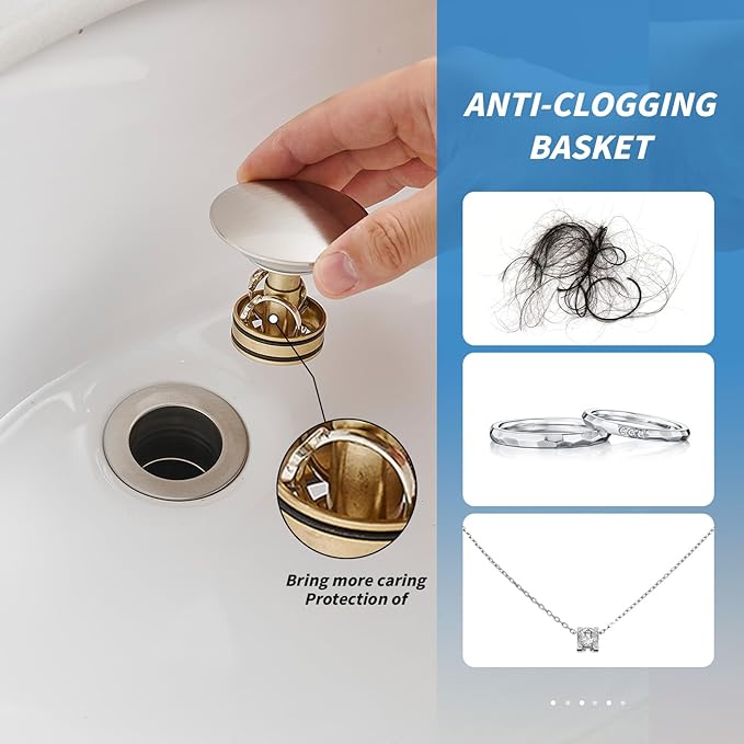BWE Brushed Nickel One-Piece Sink Drain Stopper with Overflow for Bathroom Vessel Vanity Faucet Bathroom SinkPop-Up Drain Assembly with Strainer