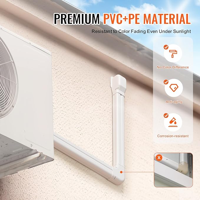 VEVOR Mini Split Line Set Cover 3-inch W 10Ft L, PVC Decorative Pipe Line Cover for Air Conditioner with 5 Straight Ducts & Full Components Easy to Install, Paintable for Heat Pumps, White