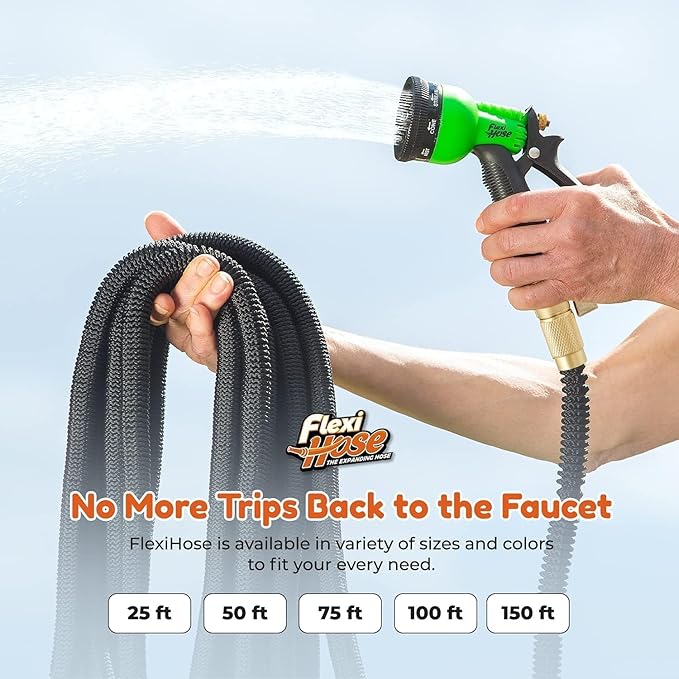Flexi Hose PLUS with 8 Function Nozzle Expandable Garden Hose, Lightweight & No-Kink Flexible Garden Hose, 3/4 inch Solid Brass Fittings and Double Latex Core, 100 ft Black