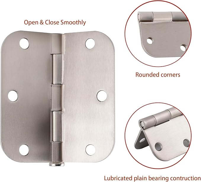 24 Pack Satin Nickel Door Hinges Brushed Nickel 3.5 x 3.5 Inch Door Hinges for Interior Door with 5/8 Radius Corners, 3 1/2 Inch Hinges for Residential Doors