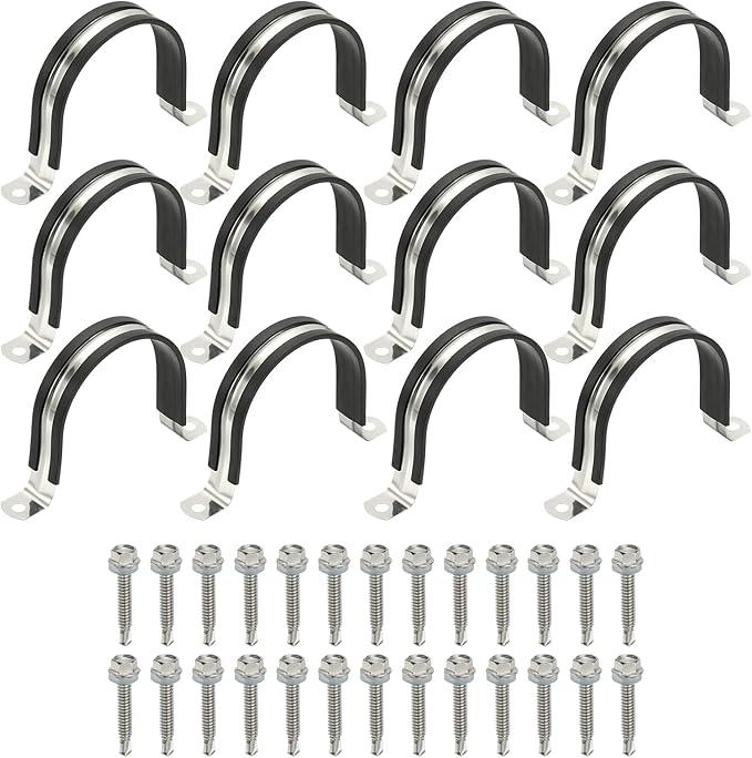 PATIKIL 12Pcs Pipe Clamps, 3 Inch 304 Stainless Steel Rubber Cushioned U Bracket Conduit Clamps Pipe Strap Wire Clips with Hexagonal Screw for Tube Hose Cord Installation, 77mm