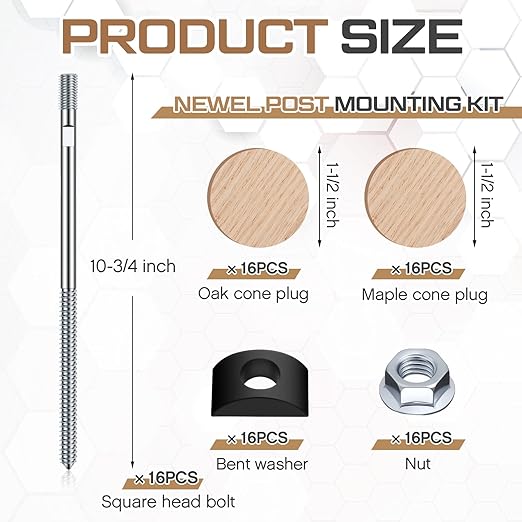 Shimeyao 16 Set Wood Newel Mounting Kit Newel Post Fastener Installation Kit for Residential and Commercial Installation, Anchors Post Directly to Wood or Concrete Floor