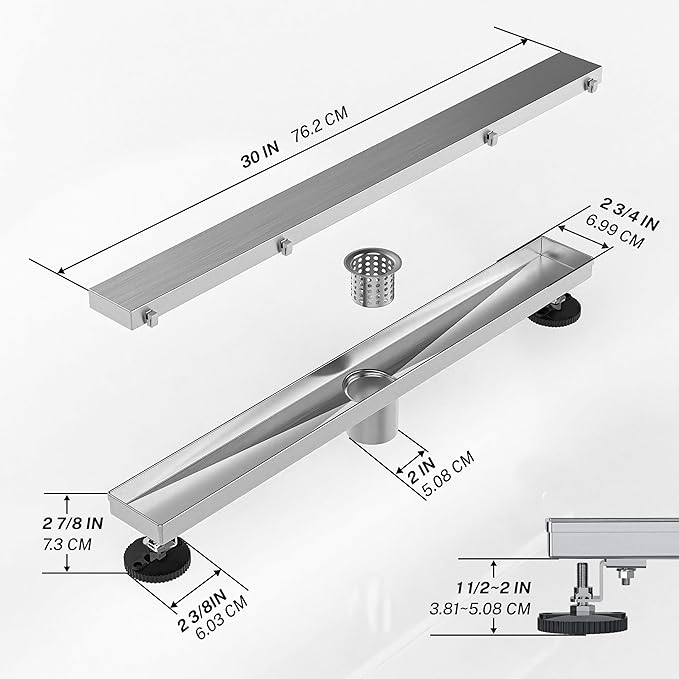 Linear Shower Drain.30 Inch Shower Trench Drain with 2-in-1 Flat Cover & Inser Cover,304 Stainless Rectangle Steel Shower Floor Drain with Hair Strainer and Leveling Feet (Brushed Nickel, 30 in)