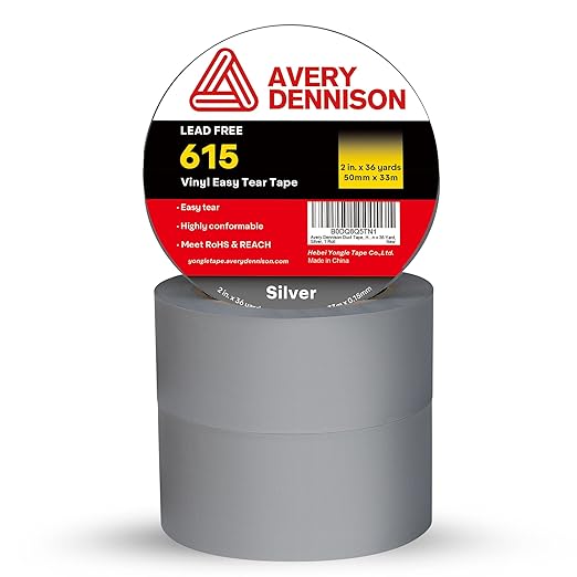 Avery Dennison Duct Tape, Heavy Duty PVC Easy Tear Tape, Strong Adhesive Waterproof Duct Tape for Indoor Outdoor Repairs, 2 in x 36 Yard, Silver, 3 Rolls