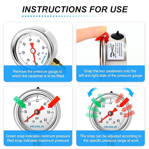 MEANLIN MEASURE 0~60Psi Pressure Gauge, Glycerin Filled 1/8" NPT 1.5" FACE DIAL, Stainless Steel Liquid Filled Pressure Gauge WOG Water Oil Air Lower Mount (with 2PCS Snaps)