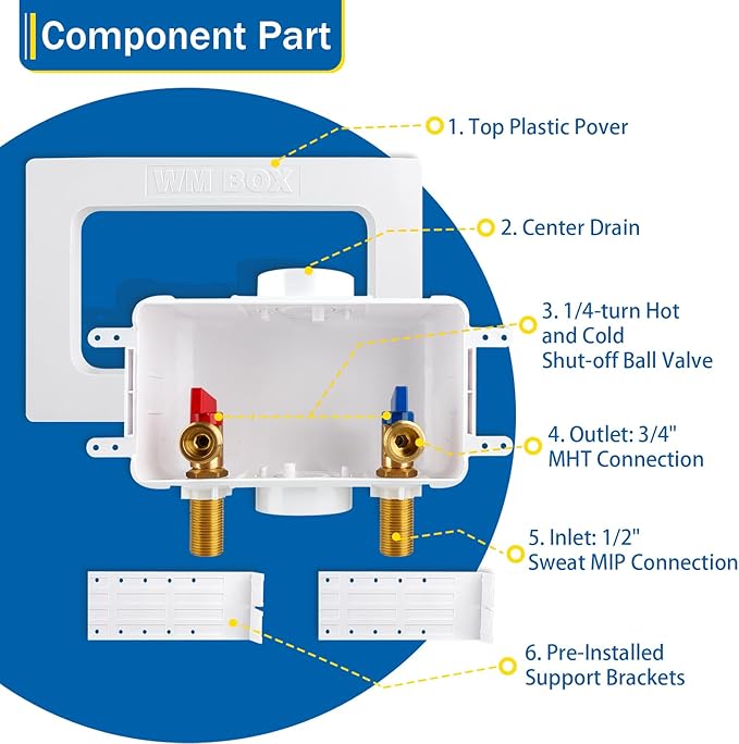 Washing Machine Outlet Box with Center Drain, 1/2" Pex-A F1960 Expansion Inlet x 3/4" MHT Outlet Connection with Hot and Cold 1/4-turn Shut-off Ball Valve